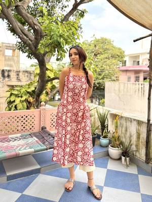 Cherry red cotton block printed kurta 1