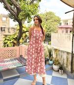 Cherry red cotton block printed kurta