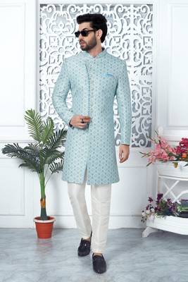 sky blue jaqurd silk sherwani 1