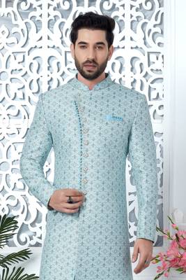 sky blue jaqurd silk sherwani 2