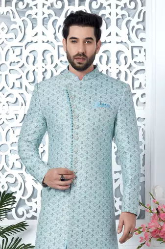 sky blue jaqurd silk sherwani