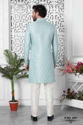 sky blue jaqurd silk sherwani 3