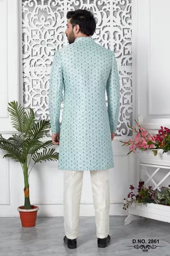 sky blue jaqurd silk sherwani