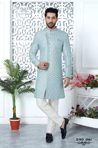 sky blue jaqurd silk sherwani