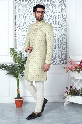pista green jaqurd silk sherwani 1