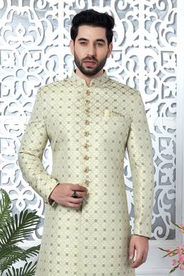 pista green jaqurd silk sherwani 2