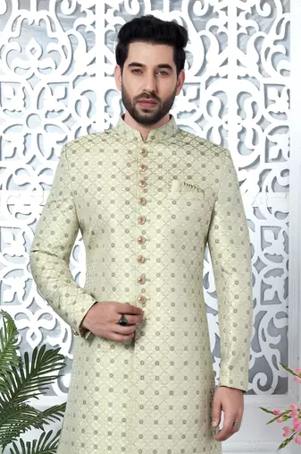 pista green jaqurd silk sherwani