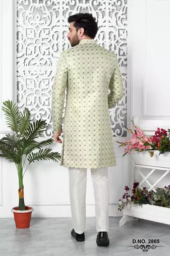 pista green jaqurd silk sherwani