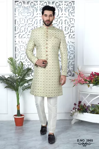 pista green jaqurd silk sherwani