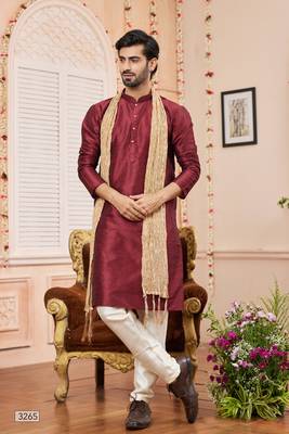 wine  art silk  kurta pajama with stole 2