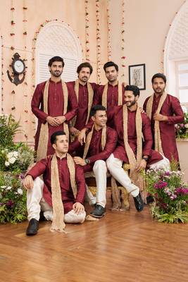 wine  art silk  kurta pajama with stole 1