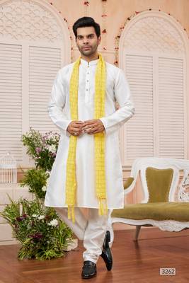 cream  art silk  kurta pajama with stole 2