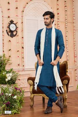 blue art banarsai silk kurta pajama with stole 2