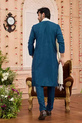 blue art banarsai silk kurta pajama with stole