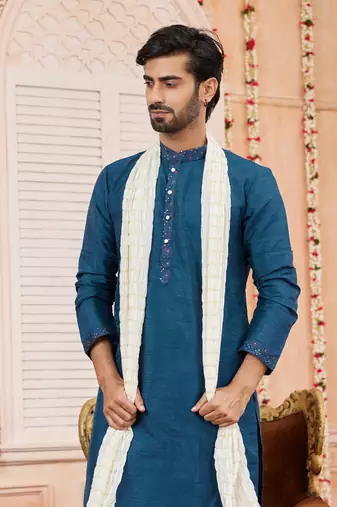 blue art banarsai silk kurta pajama with stole