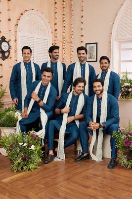 blue art banarsai silk kurta pajama with stole 1
