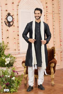 black  art silk kurta churidar with stole 2