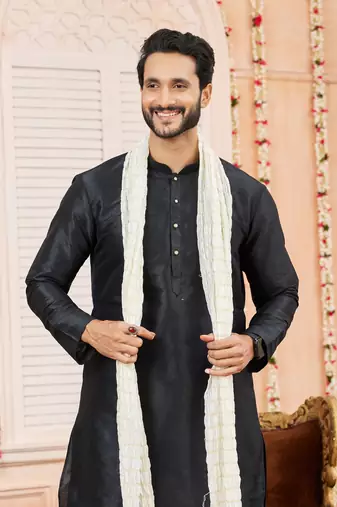 black  art silk kurta churidar with stole