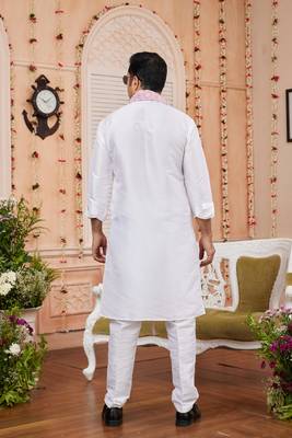 off white art silk kurta churidar with stole 3
