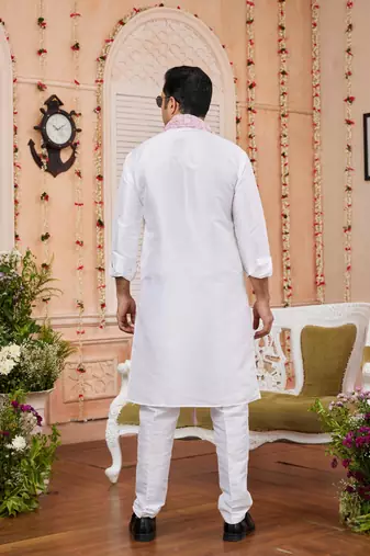 off white art silk kurta churidar with stole