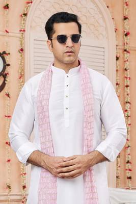 off white art silk kurta churidar with stole 4