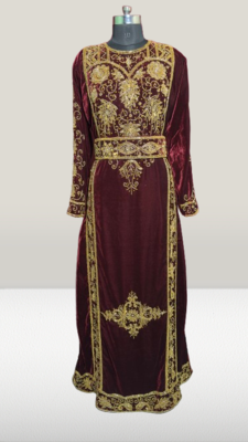 Maroon Embroidery and beads Work Velvet fabric Islamic kaftan 1