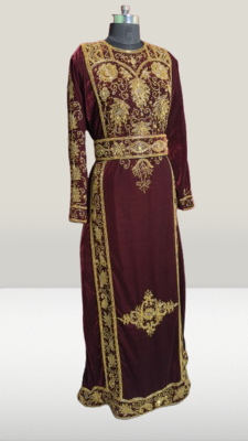 Maroon Embroidery and beads Work Velvet fabric Islamic kaftan 2