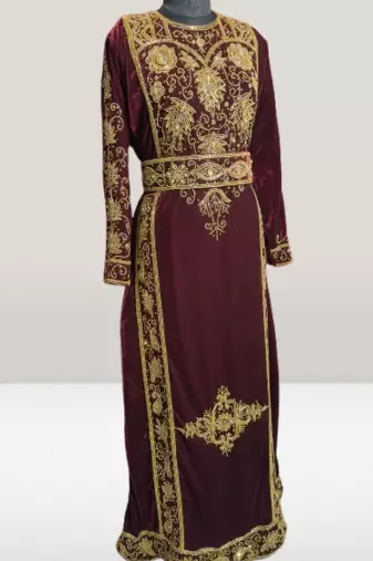 Maroon Embroidery and beads Work Velvet fabric Islamic kaftan