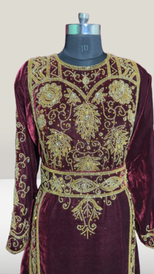 Maroon Embroidery and beads Work Velvet fabric Islamic kaftan 3