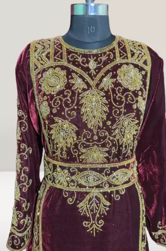 Maroon Embroidery and beads Work Velvet fabric Islamic kaftan