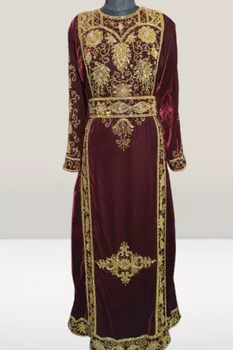Maroon Embroidery and beads Work Velvet fabric Islamic kaftan