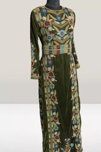 Olive Green Velvet Beads Kaftan