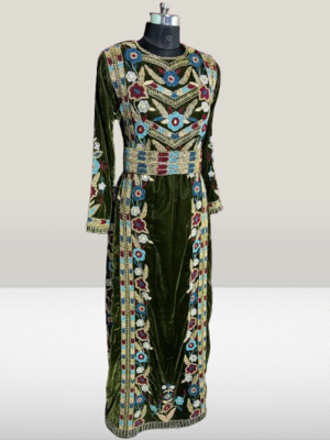 Olive Green Velvet Beads Kaftan 3
