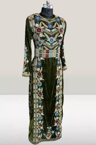 Olive Green Velvet Beads Kaftan