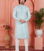 Sky blue jaqurd silk brocade kurta