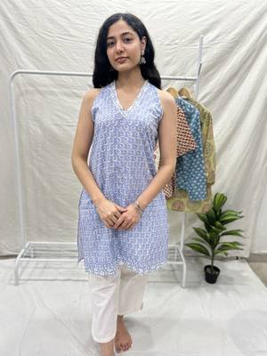 Blue cotton block printed kurta 1