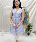 Blue cotton block printed kurta