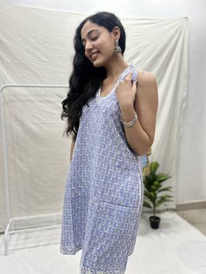 Blue cotton block printed kurta 2