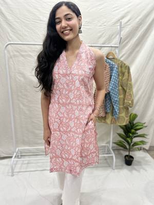 Peach cotton block printed kurta 1