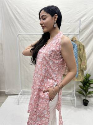 Peach cotton block printed kurta 3