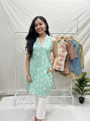 Sea green cotton block printed kurta 1
