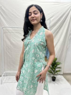Sea green cotton block printed kurta 3