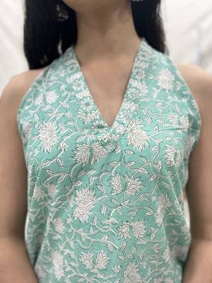 Sea green cotton block printed kurta 4