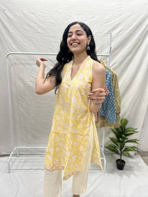Yellow cotton block printed kurta 1