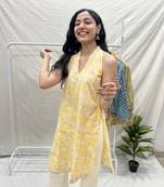 Yellow cotton block printed kurta