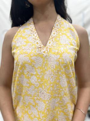 Yellow cotton block printed kurta 3