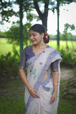 Blue Soft Muga Cotton Blend Saree With Border & All over Resham Weaving With Blouse 3