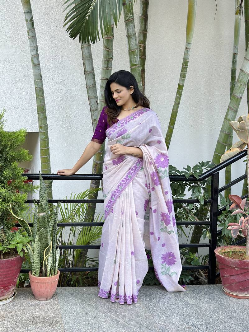 Purple Muga Cotton Blend Jamdani Style Thread work Design Saree With Blouse