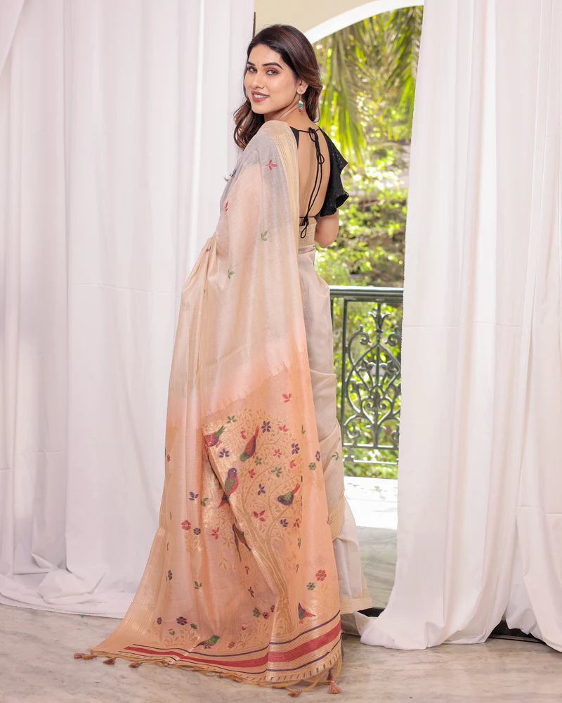 Peach Soft Muga Cotton Blend Weaving Border Pallu Saree With Blouse