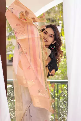 Peach Soft Muga Cotton Blend Weaving Border Pallu Saree With Blouse